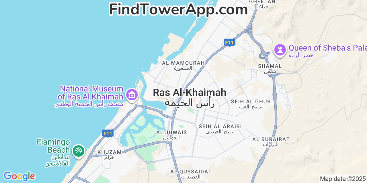 Map showing the 0 primary Etisalat cell tower locations detected in Ras Al Khaimah, United Arab Emirates with coverage radius and signal strength indicators