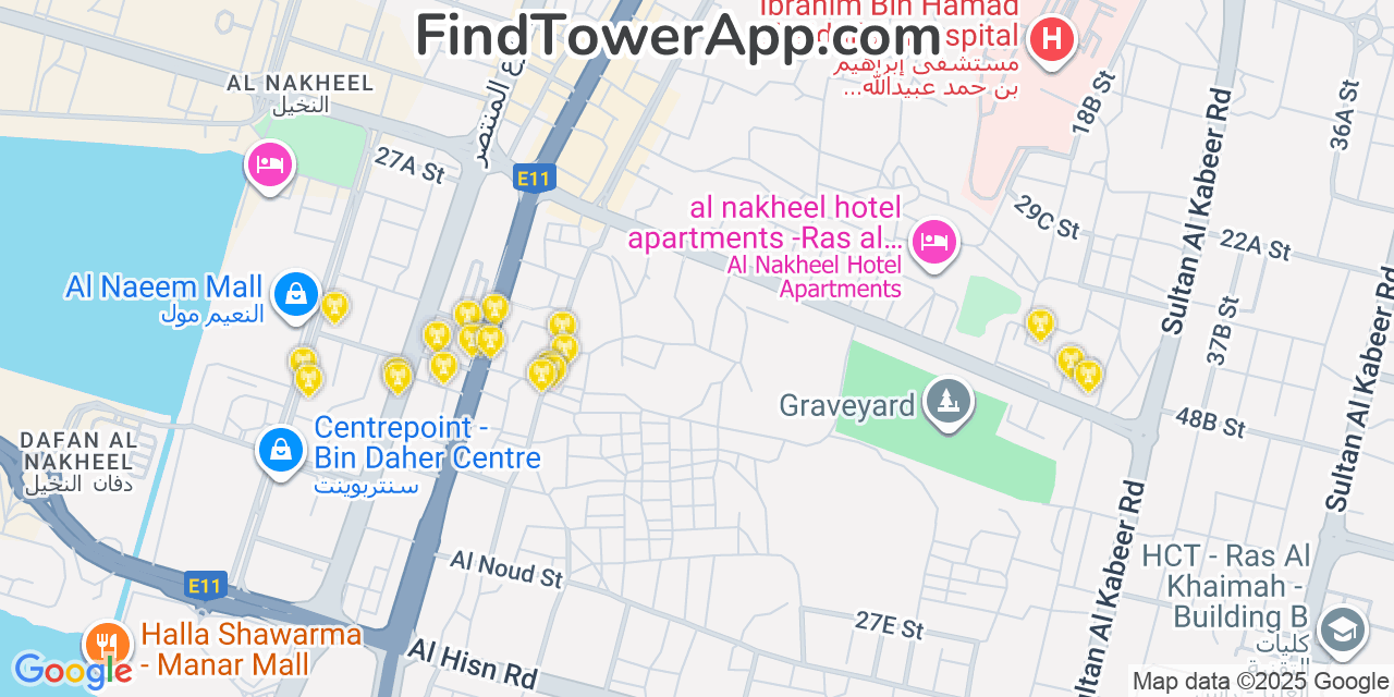 Map showing the 20 primary cell tower locations detected in Ras Al Khaimah, United Arab Emirates with coverage areas and signal strength