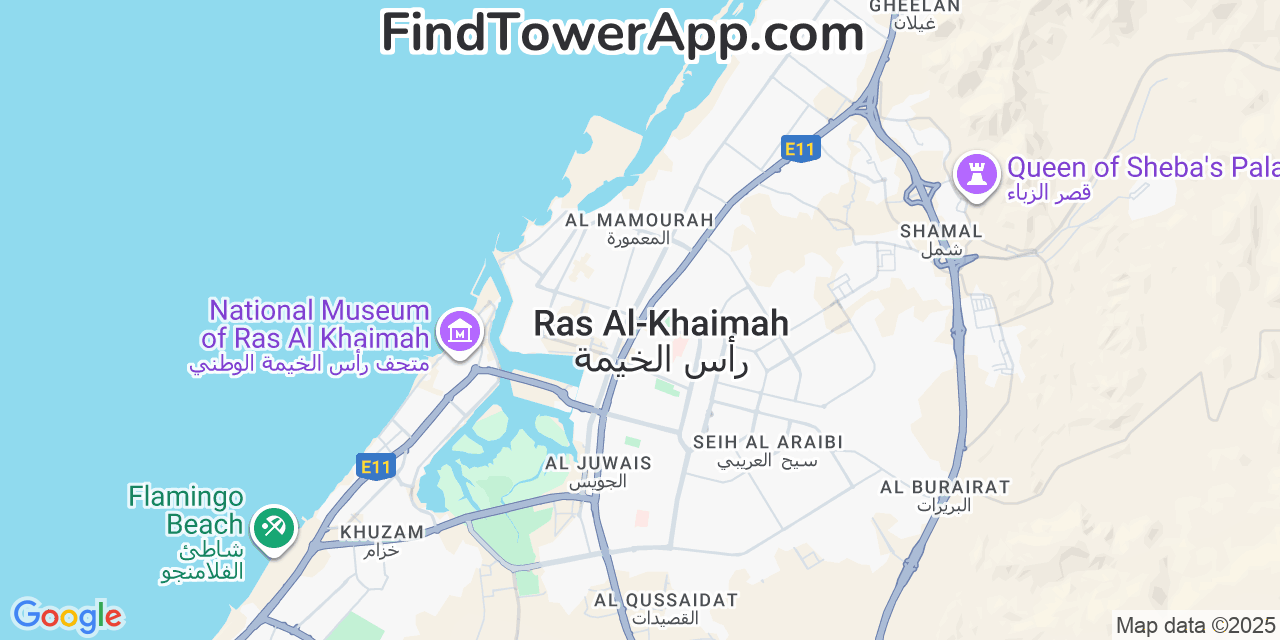 Map showing the 0 primary du cell tower locations detected in Ras Al Khaimah, United Arab Emirates with coverage radius and signal strength indicators