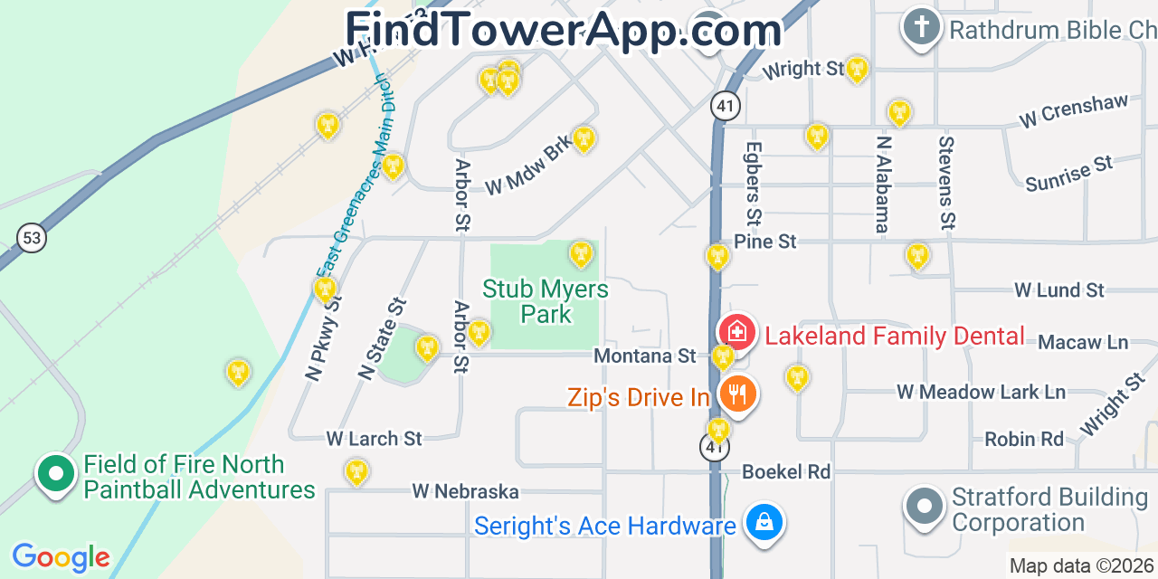 Map showing the 20 primary cell tower locations detected in Rathdrum, Idaho from AT&T, Verizon, and T-Mobile networks
