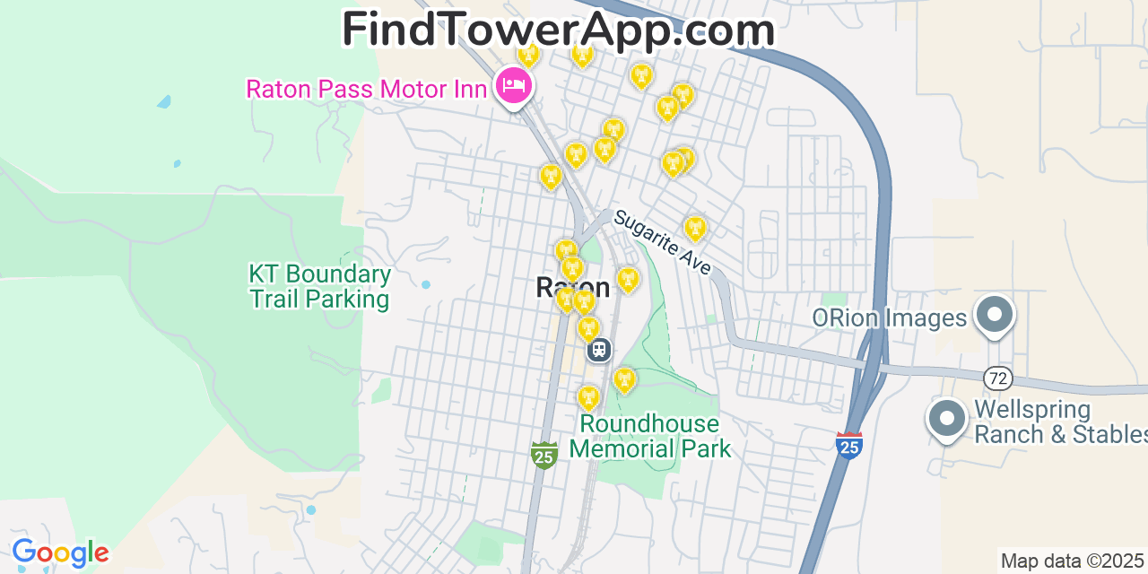 Map showing the 20 primary cell tower locations detected in Raton, New Mexico from AT&T, Verizon, and T-Mobile networks