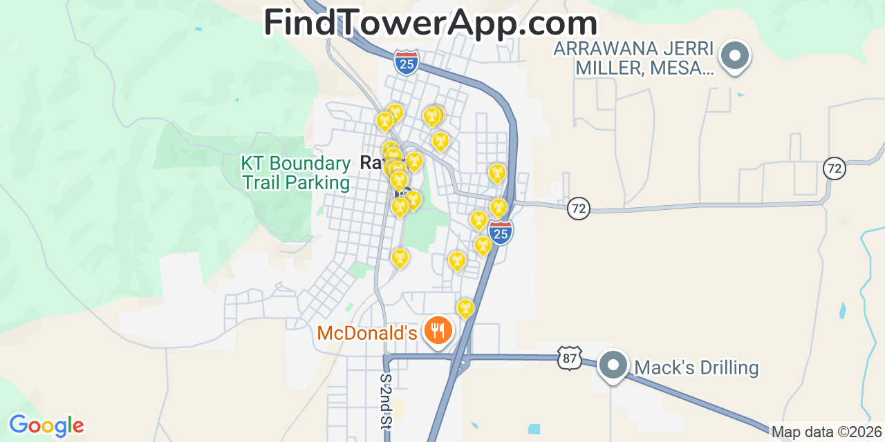Map showing the 20 primary cell tower locations detected in Raton, New Mexico from AT&T, Verizon, and T-Mobile networks