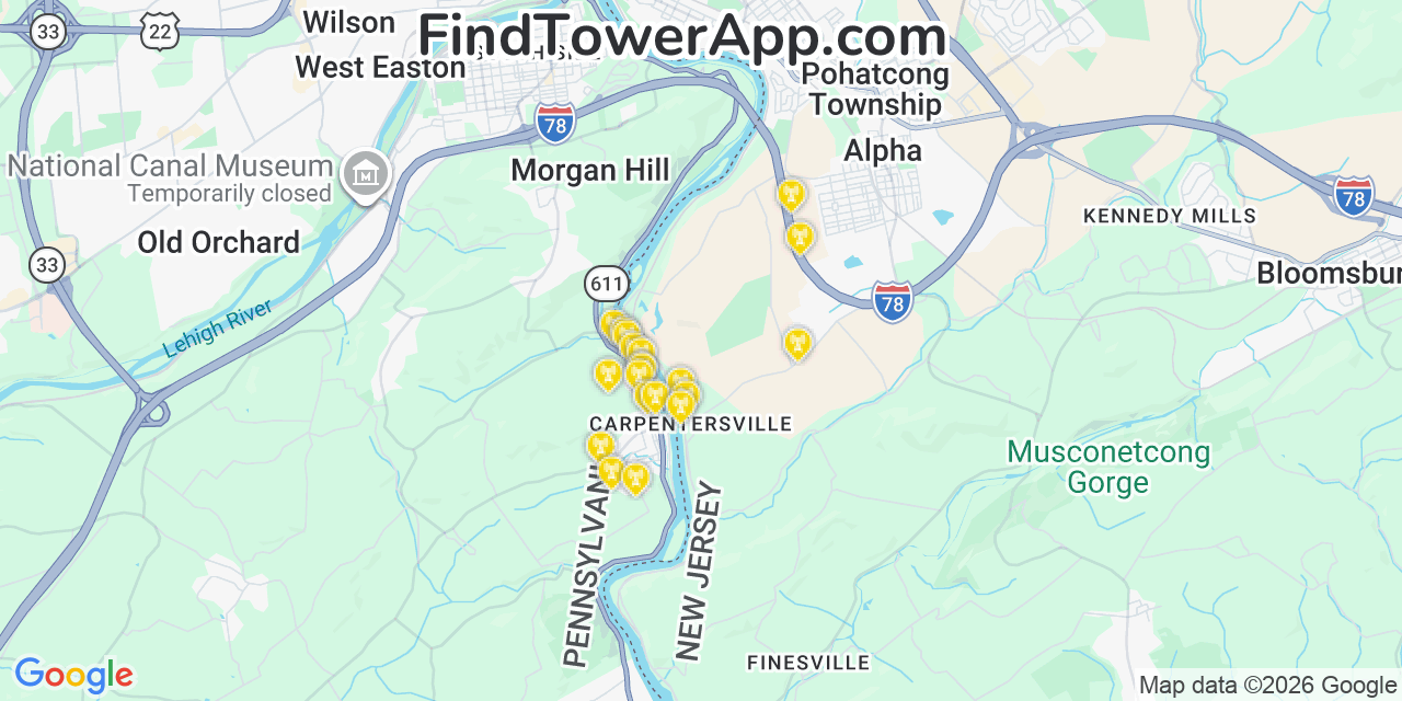 Map showing the 20 primary cell tower locations detected in Raubsville, Pennsylvania from AT&T, Verizon, and T-Mobile networks