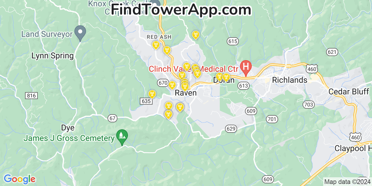 AT&T 4G/5G cell tower coverage map Raven, Virginia