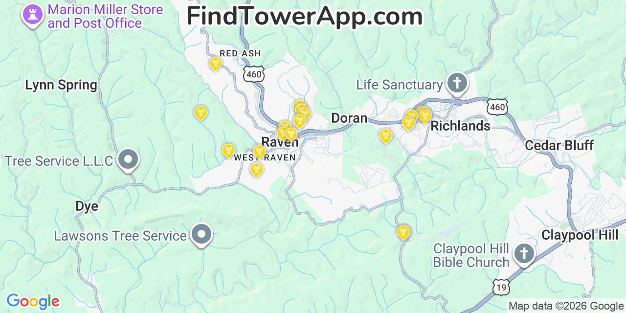 Map showing the 20 primary cell tower locations detected in Raven, Virginia from AT&T, Verizon, and T-Mobile networks