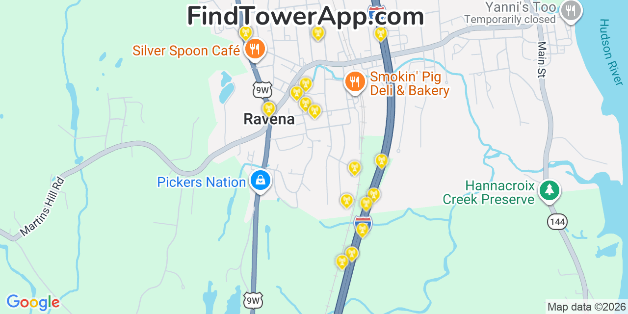 Map showing the 20 primary cell tower locations detected in Ravena, New York from AT&T, Verizon, and T-Mobile networks