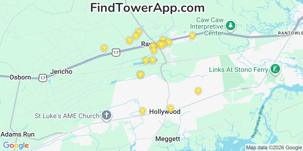 Map showing the 20 primary cell tower locations detected in Ravenel, South Carolina from AT&T, Verizon, and T-Mobile networks