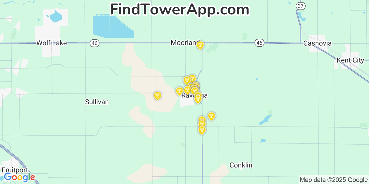 Map showing the 20 primary cell tower locations detected in Ravenna, Michigan from AT&T, Verizon, and T-Mobile networks