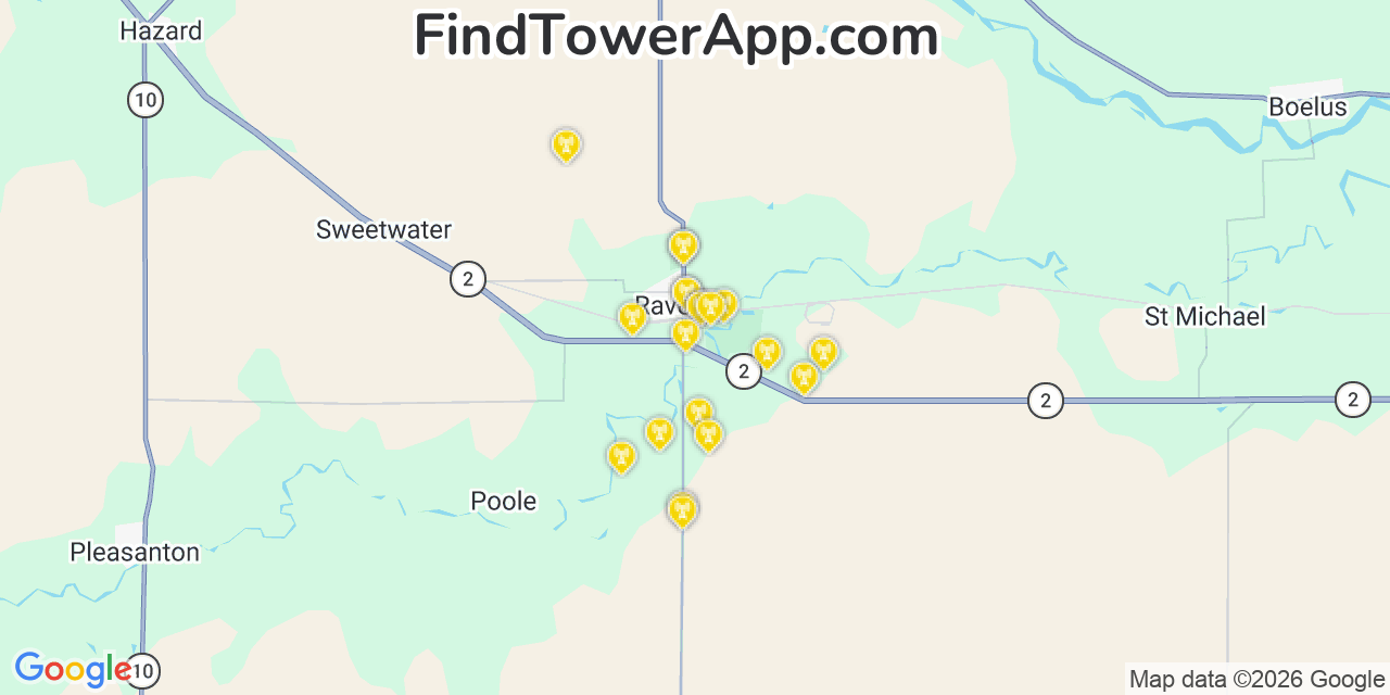 Map showing the 20 primary cell tower locations detected in Ravenna, Nebraska from AT&T, Verizon, and T-Mobile networks