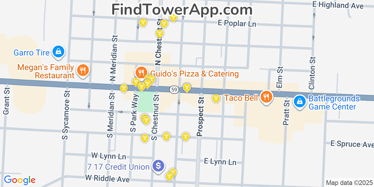 Map showing the 20 primary cell tower locations detected in Ravenna, Ohio from AT&T, Verizon, and T-Mobile networks