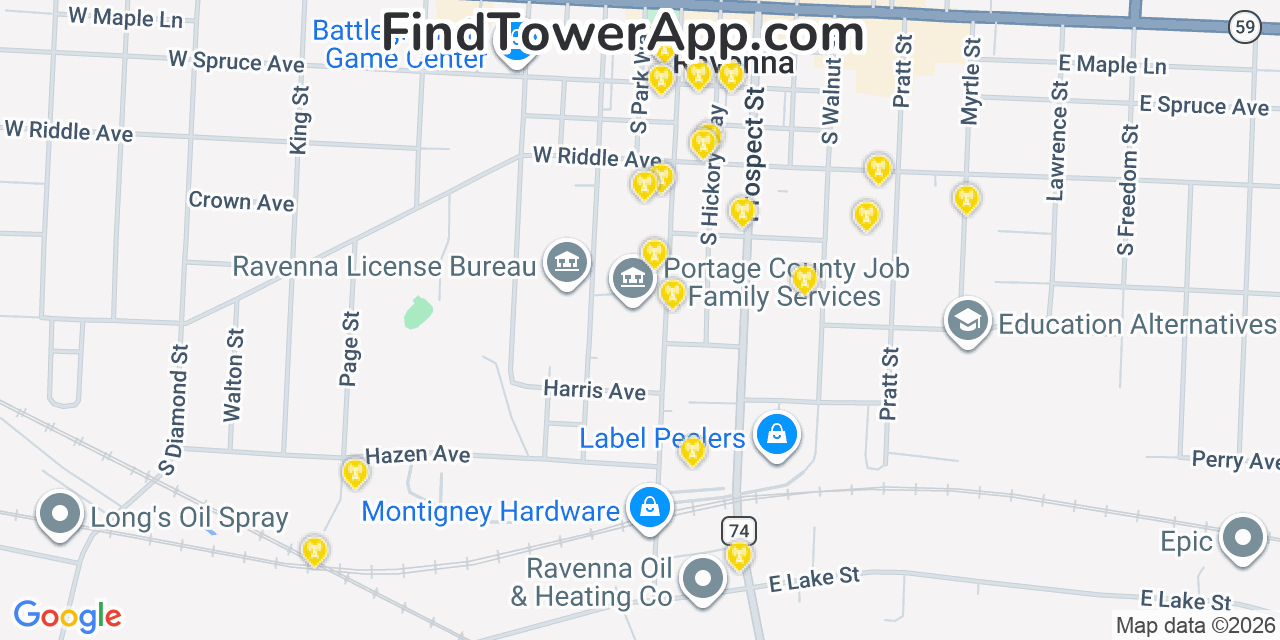 Map showing the 20 primary cell tower locations detected in Ravenna, Ohio from AT&T, Verizon, and T-Mobile networks
