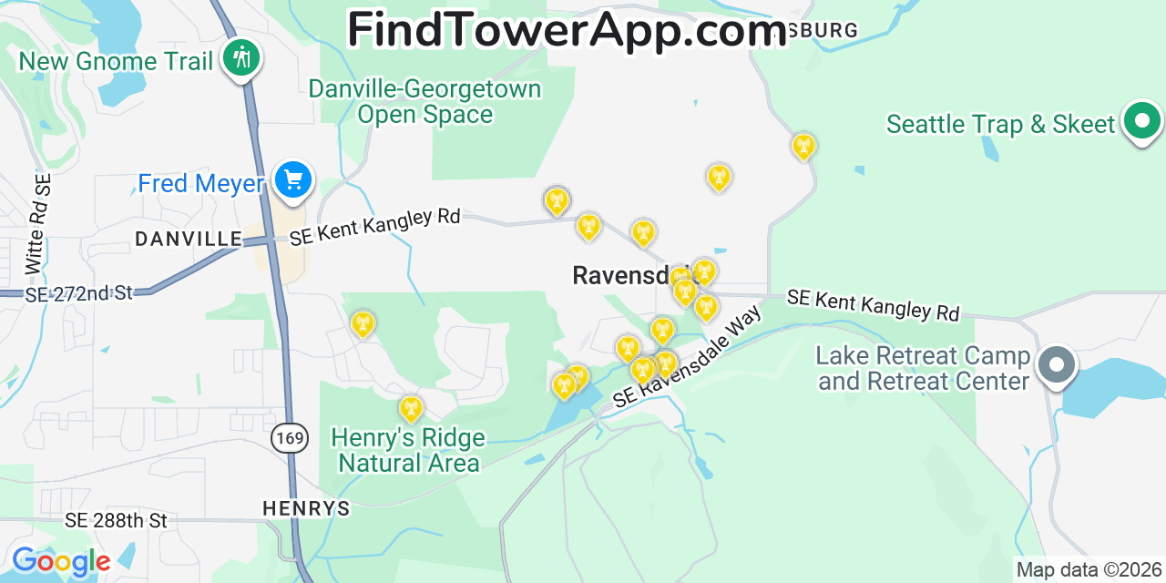 Map showing the 20 primary cell tower locations detected in Ravensdale, Washington from AT&T, Verizon, and T-Mobile networks