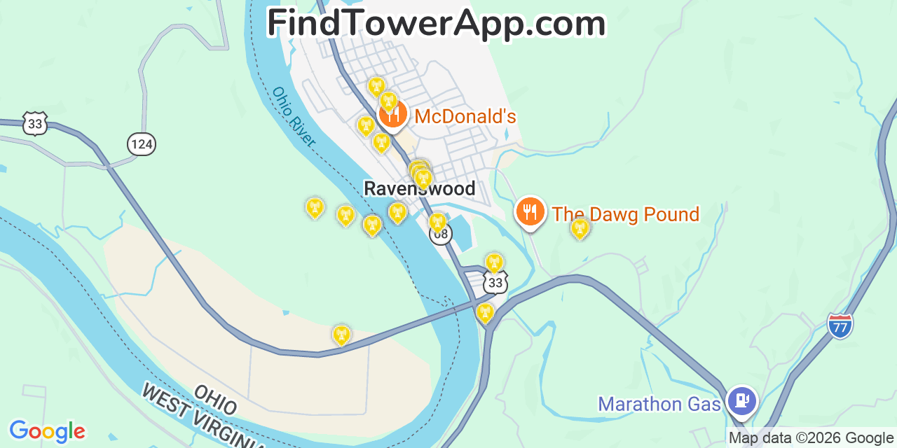 Map showing the 20 primary cell tower locations detected in Ravenswood, West Virginia from AT&T, Verizon, and T-Mobile networks