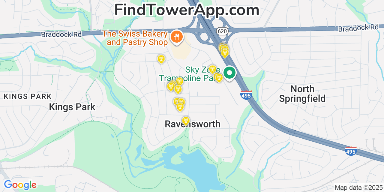 Map showing the 20 primary cell tower locations detected in Ravensworth, Virginia from AT&T, Verizon, and T-Mobile networks