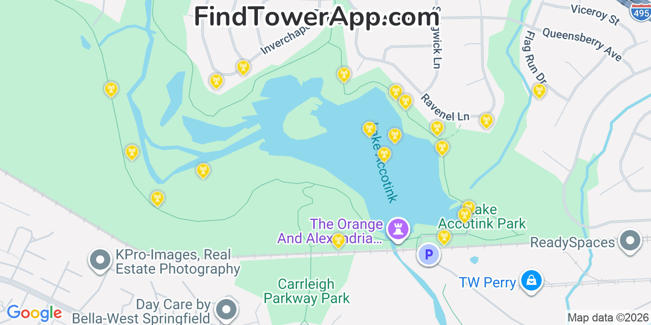 Map showing the 20 primary cell tower locations detected in Ravensworth, Virginia from AT&T, Verizon, and T-Mobile networks