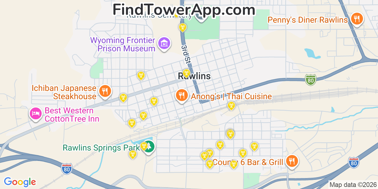 Map showing the 20 primary cell tower locations detected in Rawlins, Wyoming from AT&T, Verizon, and T-Mobile networks