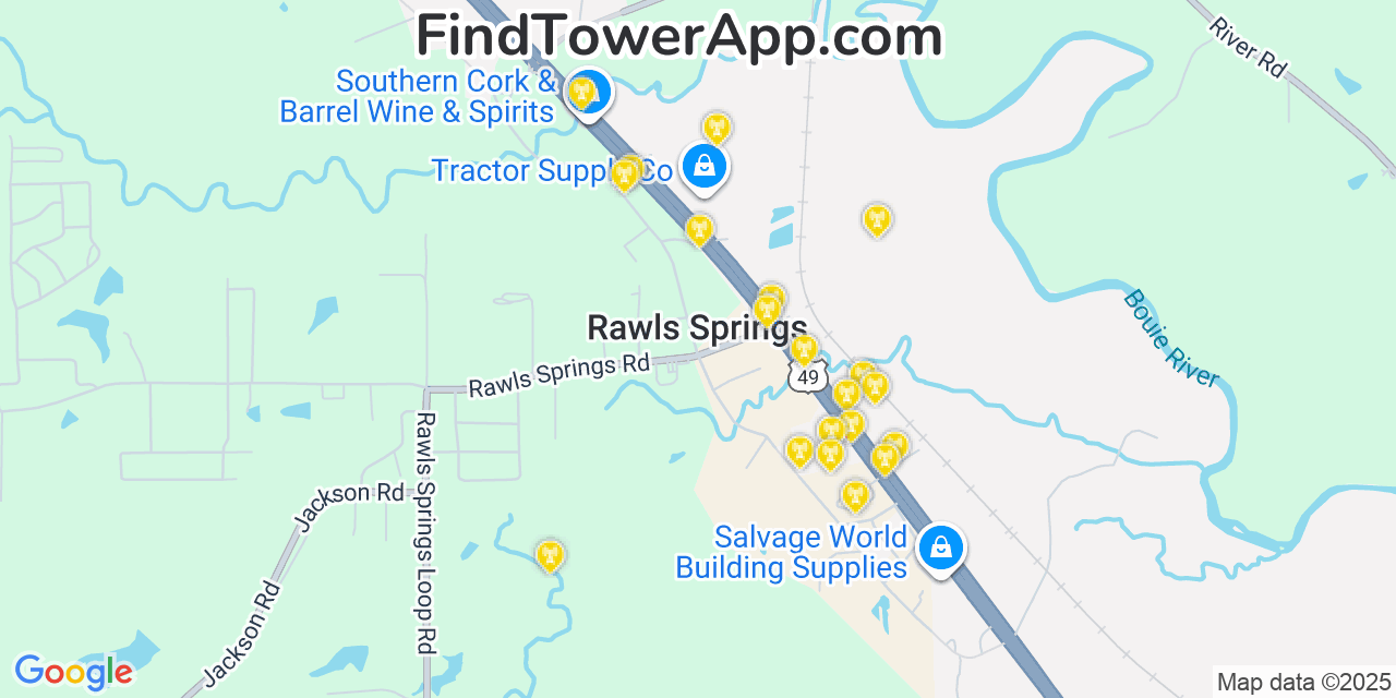 Map showing the 20 primary cell tower locations detected in Rawls Springs, Mississippi from AT&T, Verizon, and T-Mobile networks