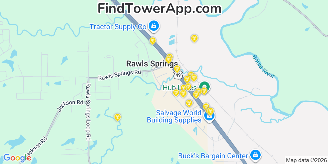 Map showing the 20 primary cell tower locations detected in Rawls Springs, Mississippi from AT&T, Verizon, and T-Mobile networks