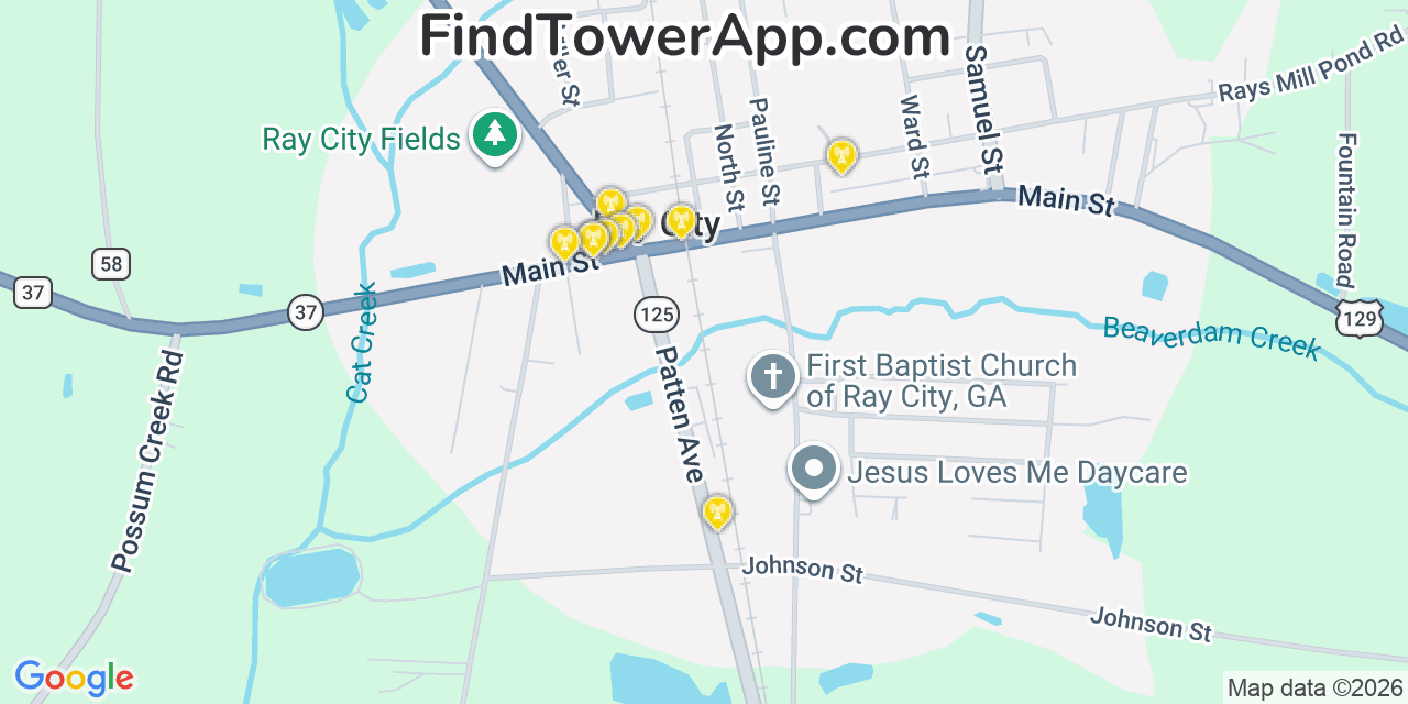 Map showing the 20 primary cell tower locations detected in Ray City, Georgia from AT&T, Verizon, and T-Mobile networks