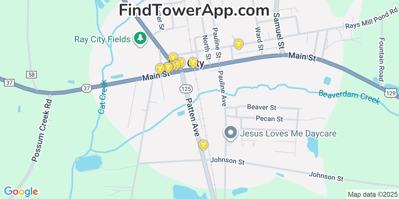 Map showing the 20 primary Mobitel cell tower locations detected in Ray City, Georgia with coverage radius and signal strength indicators