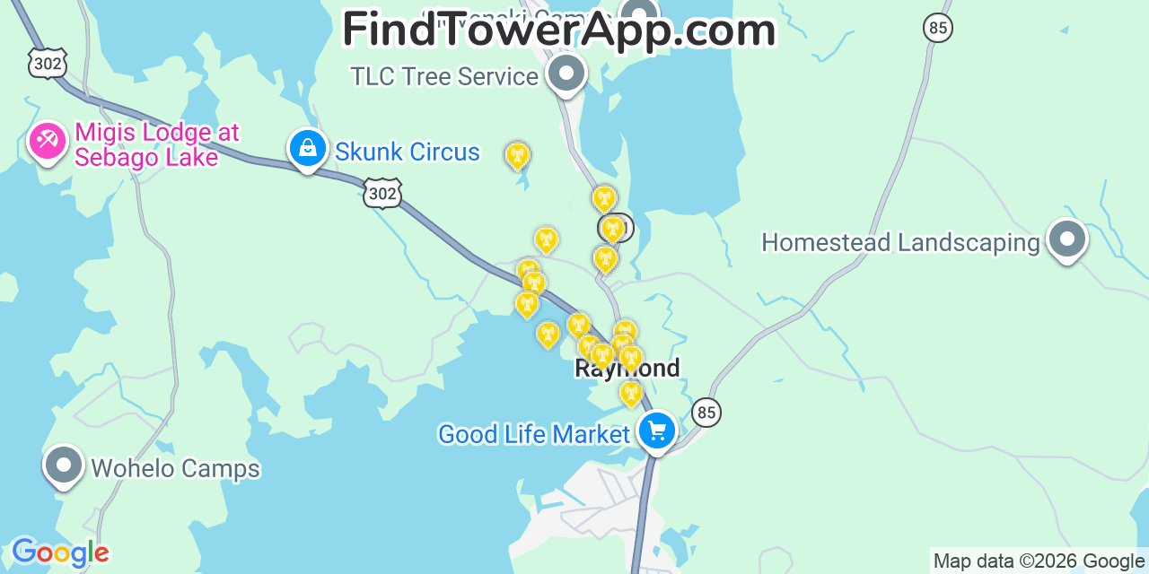 Map showing the 20 primary cell tower locations detected in Raymond, Maine from AT&T, Verizon, and T-Mobile networks