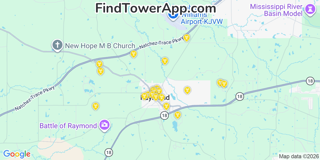 Map showing the 20 primary cell tower locations detected in Raymond, Mississippi from AT&T, Verizon, and T-Mobile networks