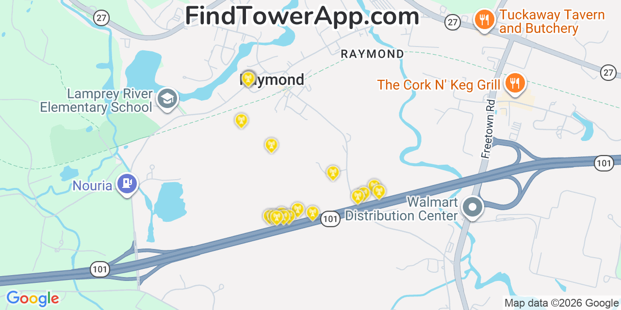 Map showing the 20 primary cell tower locations detected in Raymond, New Hampshire from AT&T, Verizon, and T-Mobile networks