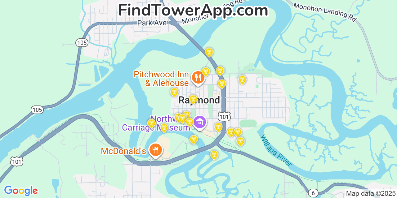 Map showing the 20 primary cell tower locations detected in Raymond, Washington from AT&T, Verizon, and T-Mobile networks
