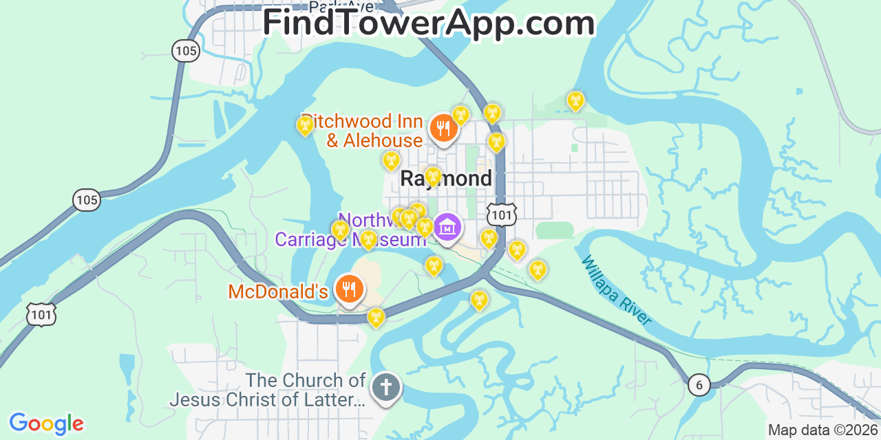 Map showing the 20 primary cell tower locations detected in Raymond, Washington from AT&T, Verizon, and T-Mobile networks