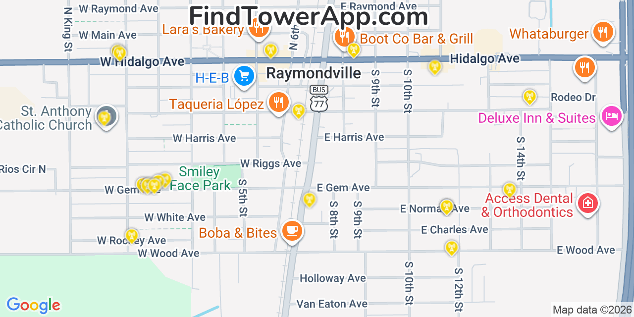 Map showing the 20 primary cell tower locations detected in Raymondville, Texas from AT&T, Verizon, and T-Mobile networks