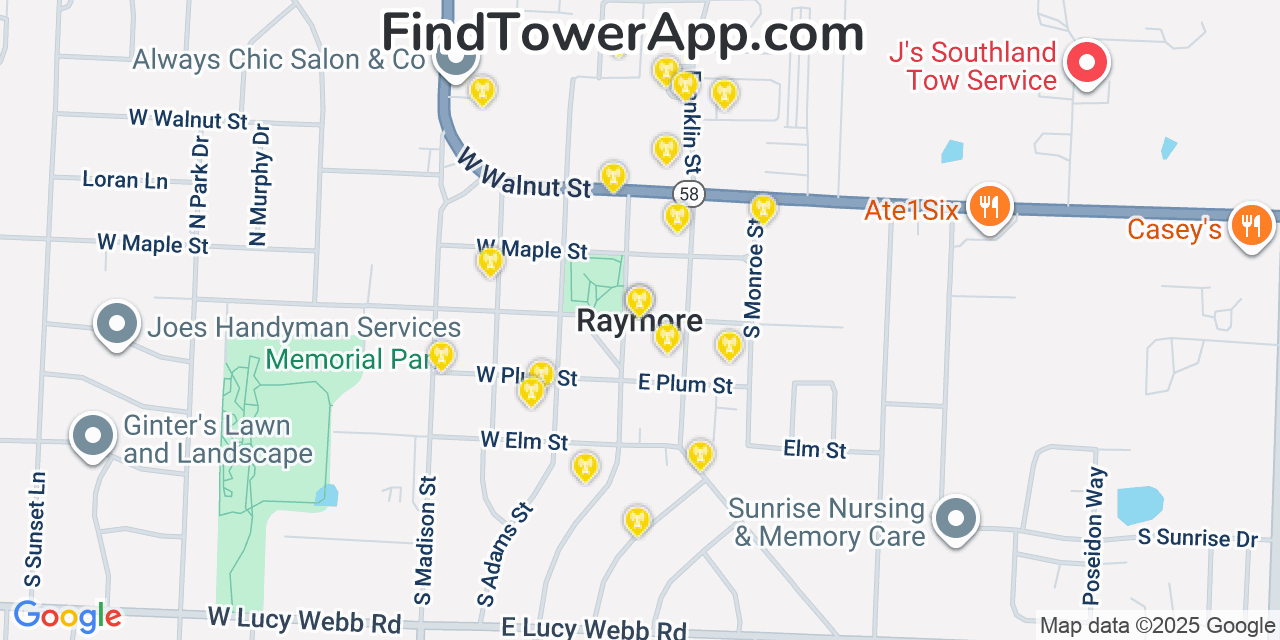 Map showing the 20 primary cell tower locations detected in Raymore, Missouri from AT&T, Verizon, and T-Mobile networks