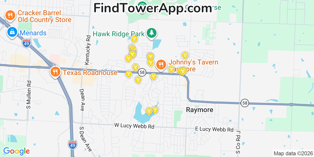 Map showing the 20 primary cell tower locations detected in Raymore, Missouri from AT&T, Verizon, and T-Mobile networks