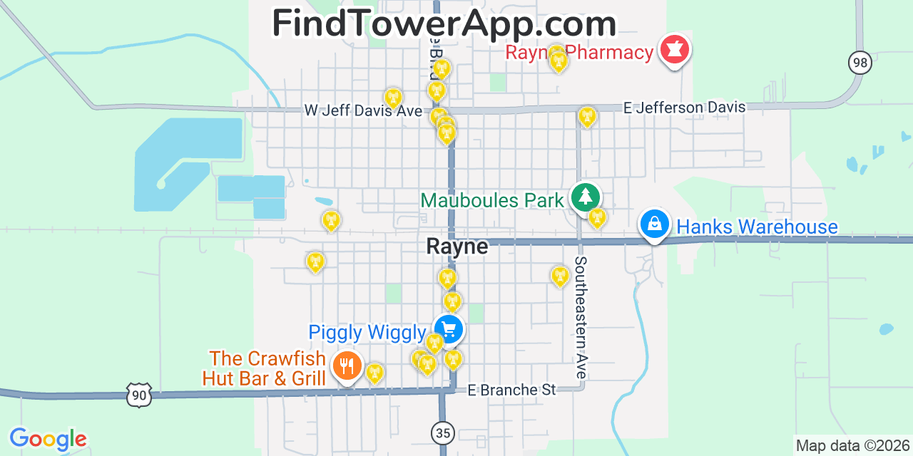 Map showing the 20 primary cell tower locations detected in Rayne, Louisiana from AT&T, Verizon, and T-Mobile networks