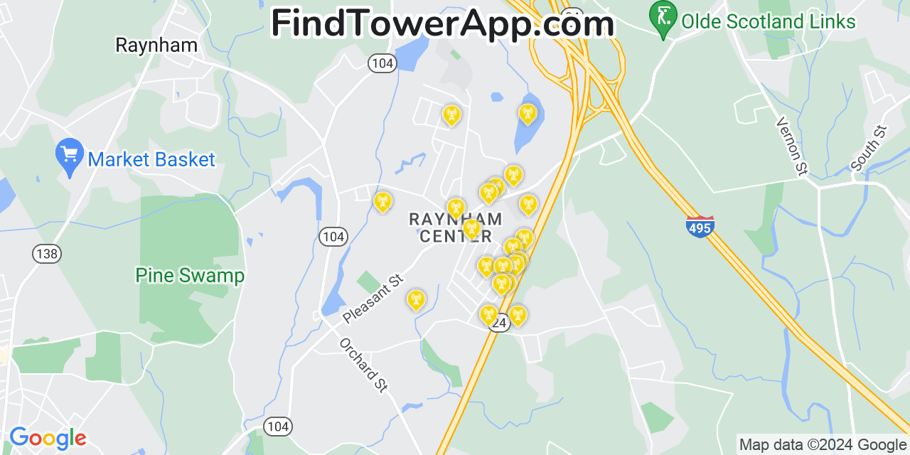 AT&T 4G/5G cell tower coverage map Raynham Center, Massachusetts