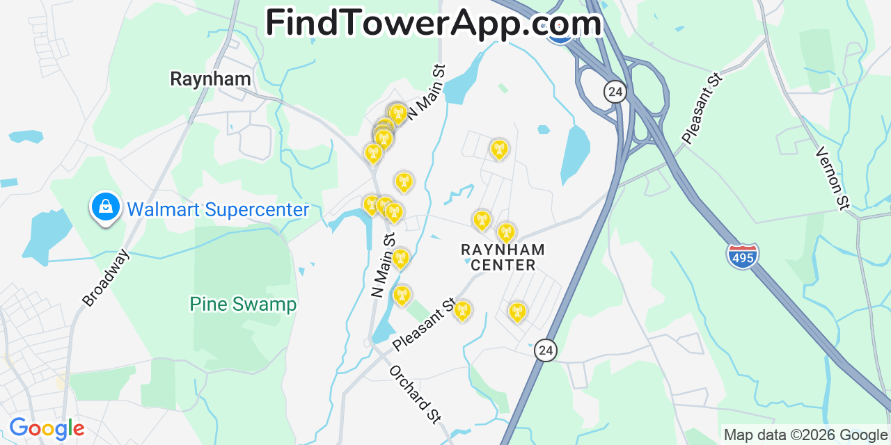 Map showing the 20 primary cell tower locations detected in Raynham Center, Massachusetts from AT&T, Verizon, and T-Mobile networks