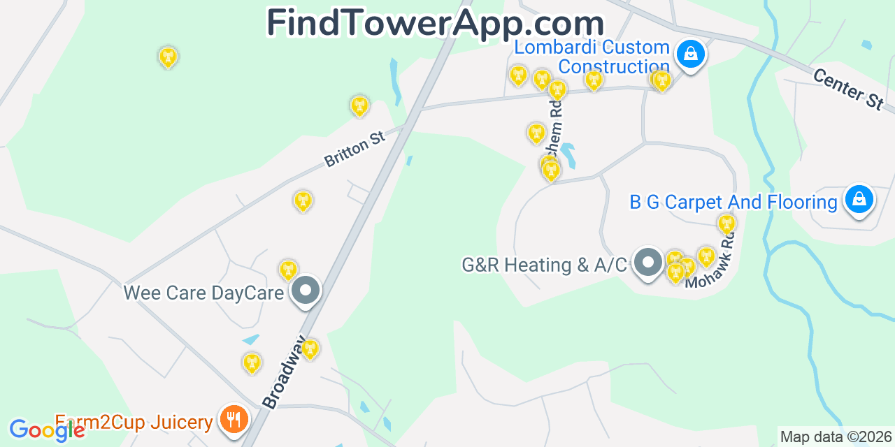 Map showing the 20 primary cell tower locations detected in Raynham, Massachusetts from AT&T, Verizon, and T-Mobile networks