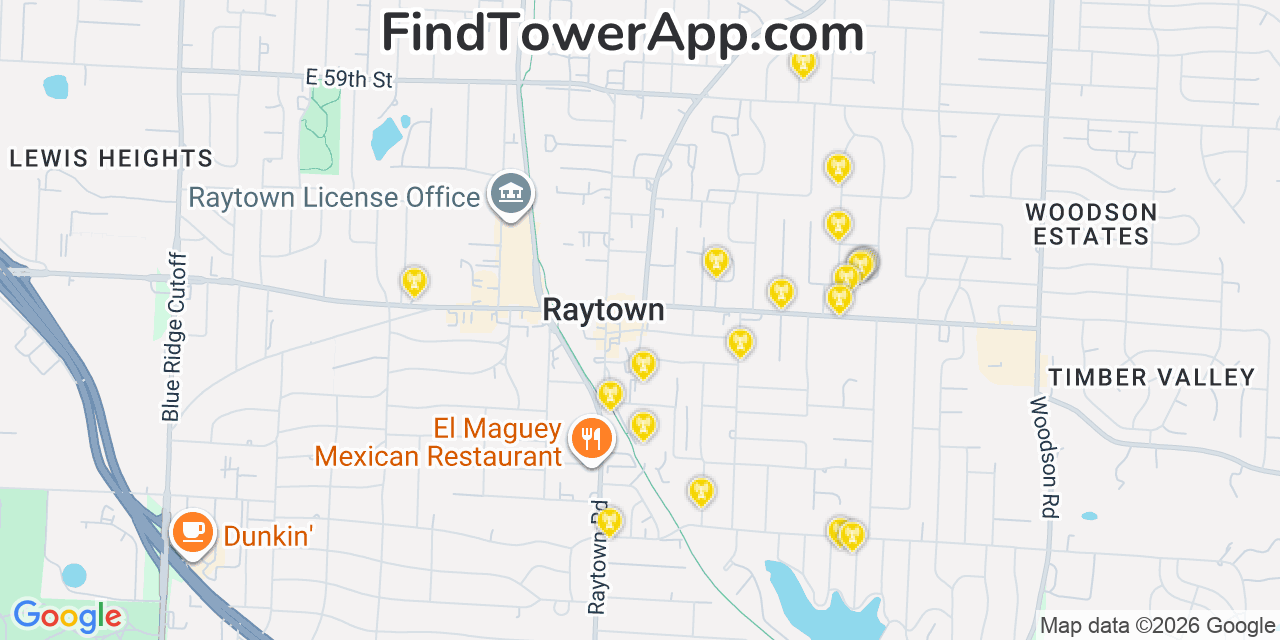 Map showing the 20 primary cell tower locations detected in Raytown, Missouri from AT&T, Verizon, and T-Mobile networks