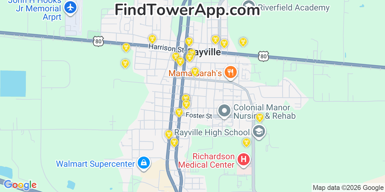 Map showing the 20 primary cell tower locations detected in Rayville, Louisiana from AT&T, Verizon, and T-Mobile networks