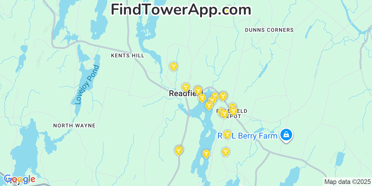 Map showing the 20 primary cell tower locations detected in Readfield, Maine from AT&T, Verizon, and T-Mobile networks