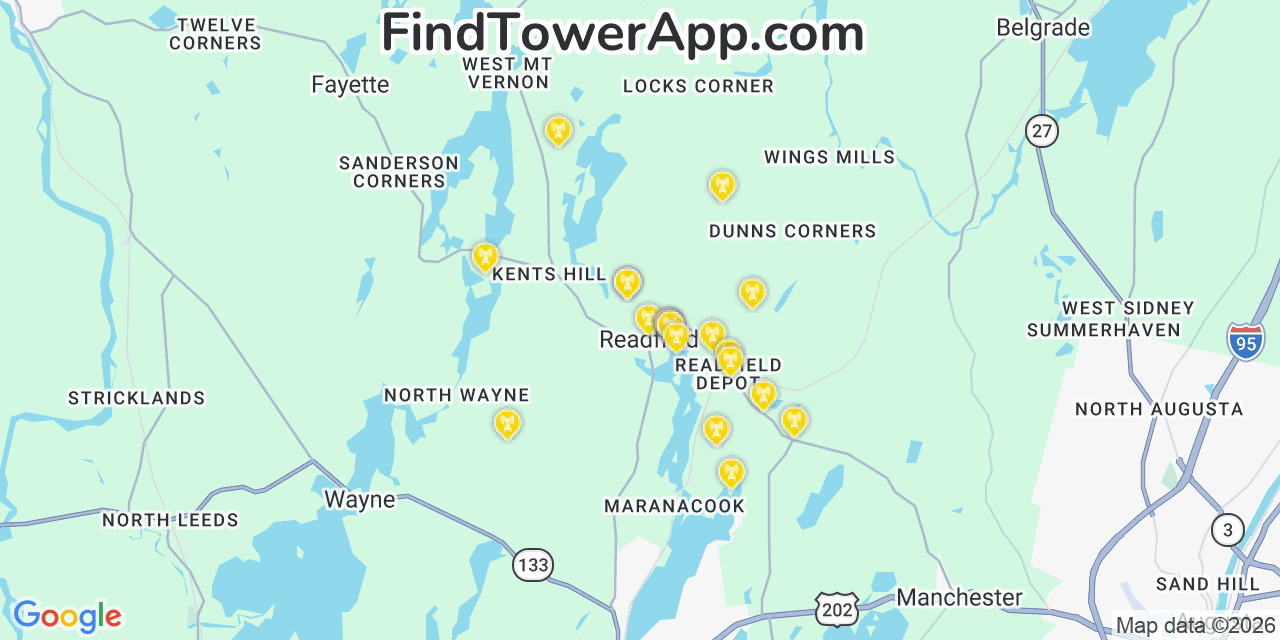 Map showing the 20 primary cell tower locations detected in Readfield, Maine from AT&T, Verizon, and T-Mobile networks
