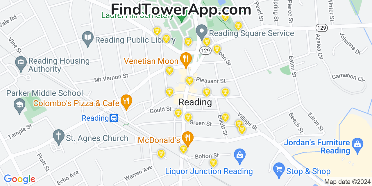 AT&T 4G/5G cell tower coverage map Reading, Massachusetts