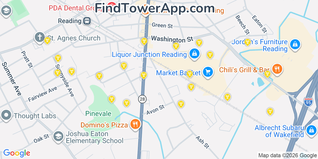 Map showing the 20 primary cell tower locations detected in Reading, Massachusetts from AT&T, Verizon, and T-Mobile networks