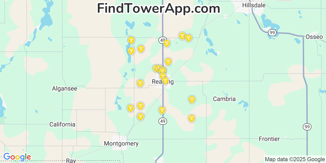 Map showing the 20 primary cell tower locations detected in Reading, Michigan from AT&T, Verizon, and T-Mobile networks