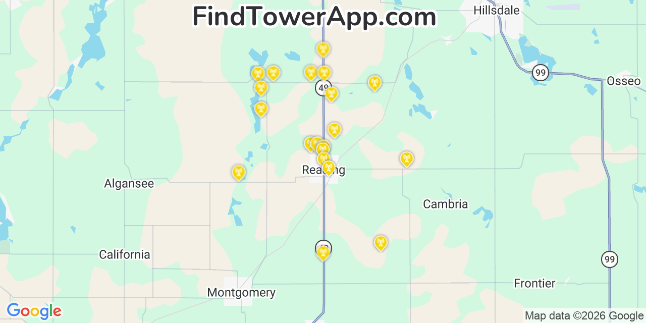 Map showing the 20 primary cell tower locations detected in Reading, Michigan from AT&T, Verizon, and T-Mobile networks