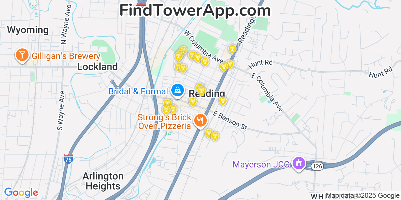 Map showing the 20 primary cell tower locations detected in Reading, Ohio from AT&T, Verizon, and T-Mobile networks