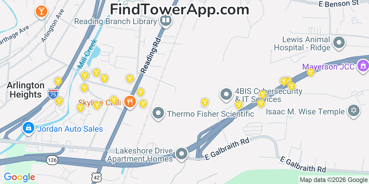 Map showing the 20 primary cell tower locations detected in Reading, Ohio from AT&T, Verizon, and T-Mobile networks
