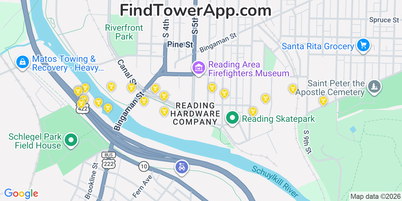 Map showing the 20 primary cell tower locations detected in Reading, Pennsylvania from AT&T, Verizon, and T-Mobile networks
