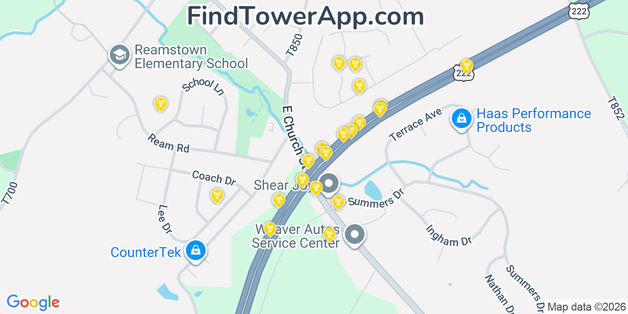 Map showing the 20 primary cell tower locations detected in Reamstown, Pennsylvania from AT&T, Verizon, and T-Mobile networks