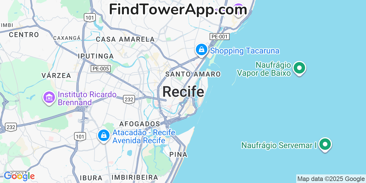 Map showing the 0 primary Brasil-Telecom-GSM cell tower locations detected in Recife, Brazil with coverage radius and signal strength indicators
