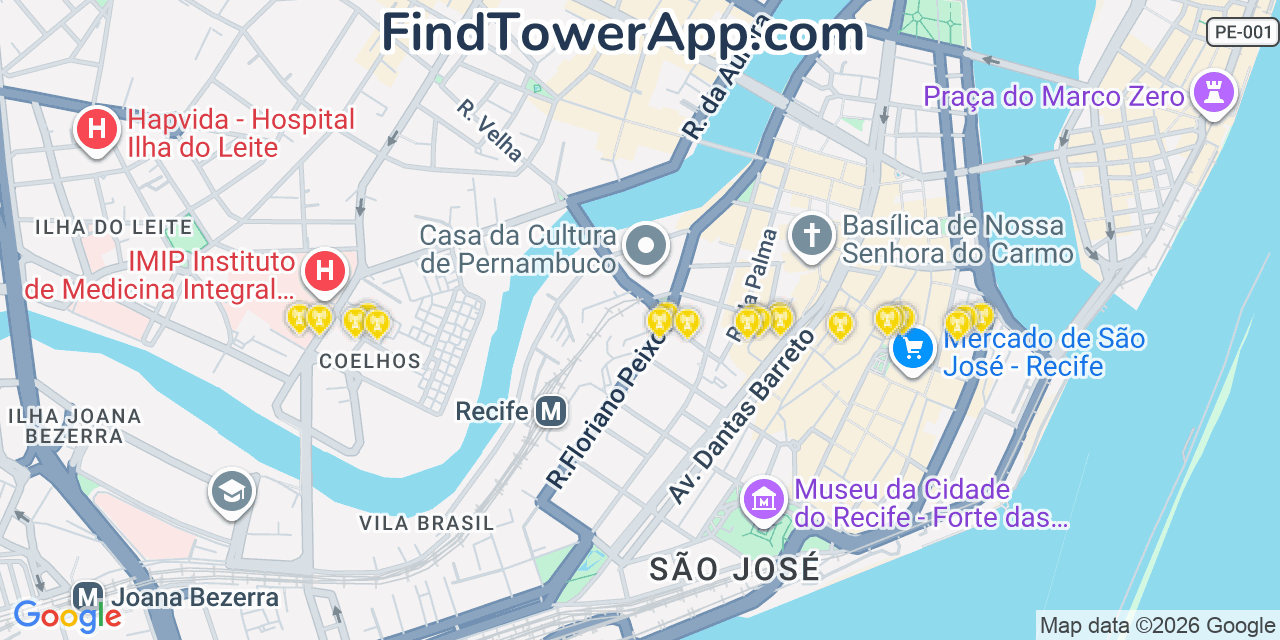 Map showing the 20 primary Brasil Telecom cell tower locations in Recife, Brazil